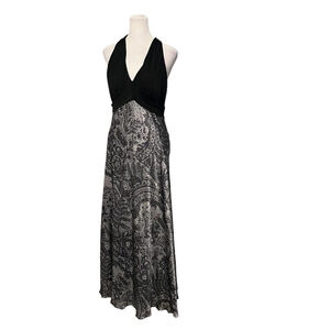 Suzi Chin Maggy Boutique Black Silver Silk Halter Dress Gown Maxi Size 6